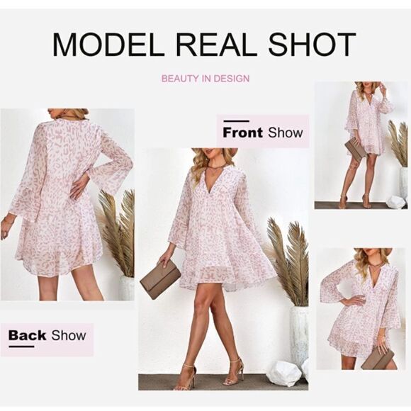 Dokotoo VNeck Tunic Casual Loose Babydoll Mini Swing Dress in Pink Leopard Print - Picture 7 of 11